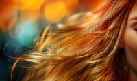 Flowing blonde hair against blurred bokeh background in orange and turquoise tones, wind-swept movement creates dynamic composition for beauty and fashion concepts.