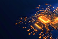 Glowing orange microchip with circuit paths on dark blue background, modern technology concept with digital connections and processing power visualization.