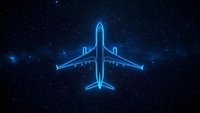 Glowing blue airplane silhouette against starry night sky background with futuristic neon effect creates modern technological atmosphere for aviation designs.