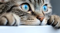 Close-up portrait of gray tabby cat with intense bright blue eyes and pink nose resting on white surface, showing paws in soft natural lighting.