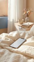 Smartphone with blank white screen lying on unmade bed in cozy bedroom with soft morning light, books and flowers creating peaceful atmosphere.