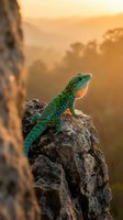 Vibrant green and turquoise lizard perched on rocky outcrop during golden hour sunset with misty mountain landscape backdrop. Wildlife photography.