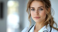 Young woman with natural makeup and blue eyes looking at camera with gentle smile, wearing white professional attire against soft blurred background.