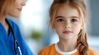 Young girl with blonde braided hair and bright blue eyes at medical checkup with pediatrician in orange shirt shows confident smile during doctor visit.