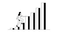 Businesswoman climbing bar chart steps representing career growth, success and achievement in corporate environment for motivation concepts.