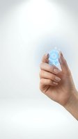 Female hand holding glowing blue holographic interface icon with digital particles on white background for technology and innovation concepts.