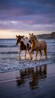 Two wild horses galloping through ocean waves at sunset with dramatic purple sky and golden light reflecting on wet sand creating romantic coastal scene.