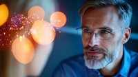 Mature bearded businessman with glasses in blue ambient lighting with glowing bokeh effects and sparkles creating magical professional atmosphere.