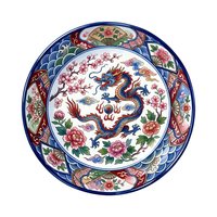 Decorative porcelain plate featuring an ornate dragon design surrounded by blooming flowers and traditional Asian patterns in vibrant blue, red, and gold tones. Suitable for home decor, cultural design projects, and tableware collections.