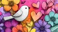 Whimsical bird among colorful flowers and hearts in watercolor style on vibrant rainbow background, artistic floral pattern with nature elements and love symbols.