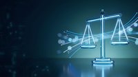 Digital justice scales with glowing blue neon light effects on dark background for legal technology and law firm presentations.