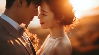 Romantic newlywed couple sharing intimate moment during golden hour sunset, bride in lace dress and groom in suit embracing with warm sunlight creating dreamy atmosphere.