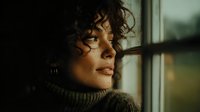 Young mixed-race woman with curly hair in cozy sweater looking thoughtfully out window with warm natural light creating peaceful indoor atmosphere.