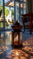 Traditional oriental lantern casting intricate shadow patterns on floor during sunset, warm glowing light through decorative metalwork creates magical ambiance.