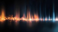 Vibrant sound wave visualization with glowing orange and blue light streaks against dark background creates dynamic audio spectrum effect for music and entertainment designs.