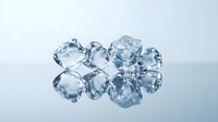 Clear ice cubes with reflection on glossy surface create minimalist composition showing transparency, purity and coolness. For beverage and food photography.