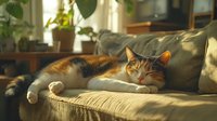 Calico cat sleeping peacefully on beige couch in warm sunlight streaming through window, creating cozy home atmosphere with houseplants in background.