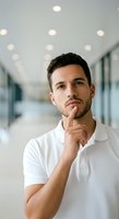 Young man with dark hair and light skin, wearing white polo shirt, posing thoughtfully with hand to chin in modern office corridor with bokeh lighting.