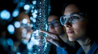 Female scientist analyzing DNA helix hologram with digital data visualization in laboratory research environment for biotechnology and genetic studies.