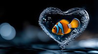 Clownfish swimming through heart-shaped water splash against dark background with bokeh lights, creating magical underwater love concept for aquatic design.