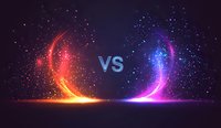 Glowing neon versus sign with red and blue light effects, sparkles and particles on dark background, modern competitive concept for gaming and sports.