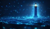 Glowing lighthouse beacon illuminates dark night sky with magical blue sparkles and shimmering waves creating dreamy maritime atmosphere for navigation concepts.