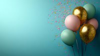 Festive balloon arrangement with gold glitter and pastel pink and mint balloons against turquoise background with floating confetti, perfect for celebration designs.