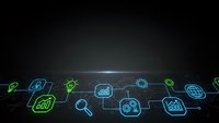 Glowing neon business icons connected by lines on dark background representing digital transformation and data analytics workflow processes.