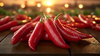Fresh red chili peppers arranged on rustic wooden surface with warm glowing bokeh lights in background, creating atmospheric food photography composition.