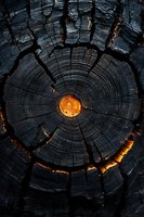 Charred wood cross-section with glowing embers revealing annual growth rings and deep cracks from fire damage creating dramatic natural texture.