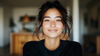Young Asian woman with natural makeup and messy bun hairstyle wearing black sweater smiling warmly at camera against blurred home interior background.