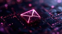 Glowing pink envelope icon on digital circuit board with bokeh light effects and dark background, representing electronic mail and digital communication.