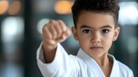 Young mixed race boy in white karate uniform showing martial arts punch stance with determined expression against blurred background.