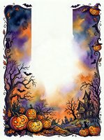 Halloween watercolor border frame with pumpkins, bats, haunted house and spooky trees on white background for seasonal greeting cards and invitations.