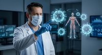 Male doctor in medical mask and lab coat analyzing holographic virus models and human anatomy in modern laboratory for healthcare research and medical education.