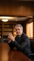 Professional mature Caucasian businessman in dark suit sitting at wooden desk in elegant office library with warm lighting for corporate communications.