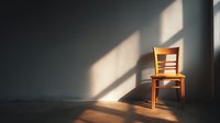 Empty wooden chair in minimalist room with dramatic window light casting geometric shadows on dark wall, creating moody atmosphere.