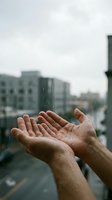 Hands catching raindrops with urban cityscape and apartment buildings blurred in background, conveying weather, nature, and outdoor elements for environmental or lifestyle concepts.