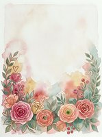 Watercolor floral border with pink and coral roses, green foliage, and soft pastel washes on cream background. Isolated design element suitable for invitations, greeting cards, and stationery projects.