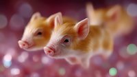 Two adorable pink piglets with curious expressions against blurred bokeh background in soft pink and teal tones, creating dreamy atmospheric mood.
