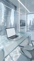 Modern glass office workspace with laptop on transparent desk overlooking city skyline. Contemporary business interior with minimalist design and urban view.