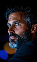 Dramatic side profile portrait of mature bearded man with gray hair illuminated by blue light against dark background, intense gaze and contemplative expression.