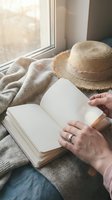 Cozy reading moment with hands holding open book near window, straw hat and knit blanket creating peaceful atmosphere for relaxation and leisure time.