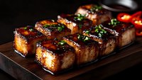 Glazed pork belly slices with caramelized coating garnished with fresh herbs and chili peppers served on dark wooden board. Close up view with selective focus.