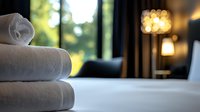 Fresh white rolled towels on luxury hotel bed with soft natural window light and warm lamp glow creating relaxing spa atmosphere.