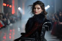 Young woman in wheelchair wearing glamorous black fur and sequin outfit at fashion show with dramatic lighting and blurred audience background.