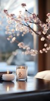 Glowing candles and delicate cherry blossoms create serene atmosphere on windowsill. Soft natural lighting enhances peaceful spa-like setting with gentle bokeh effect.