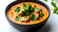 Creamy butter chicken curry garnished with fresh cilantro leaves in black ceramic bowl on white background, traditional Indian cuisine dish with rich orange sauce.
