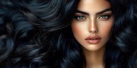 Young woman with flowing dark wavy hair, bronzed glowing skin, and intense blue eyes gazing directly at camera against dark background. Glamour beauty portrait.