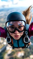 Young Caucasian woman skydiver in helmet and goggles during freefall with landscape background for extreme sports and adventure content.